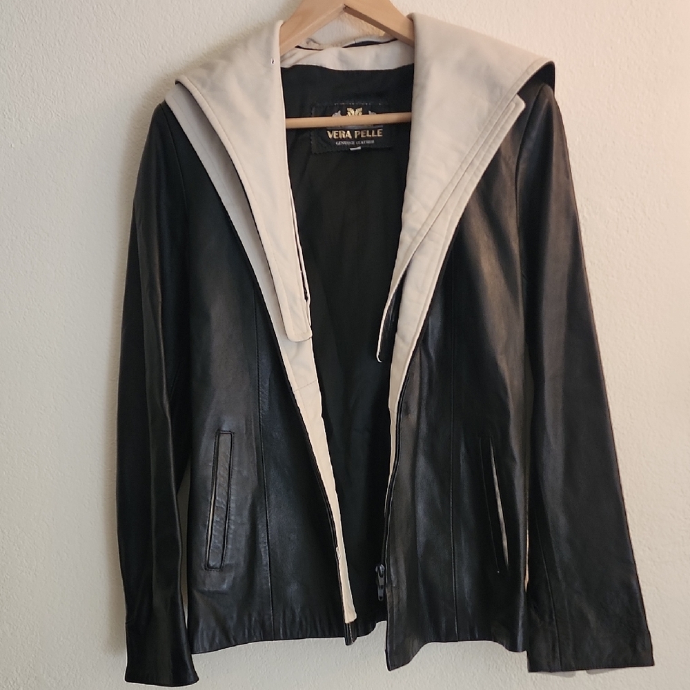 Vera Pelle Leather Jacket with Cream Hood